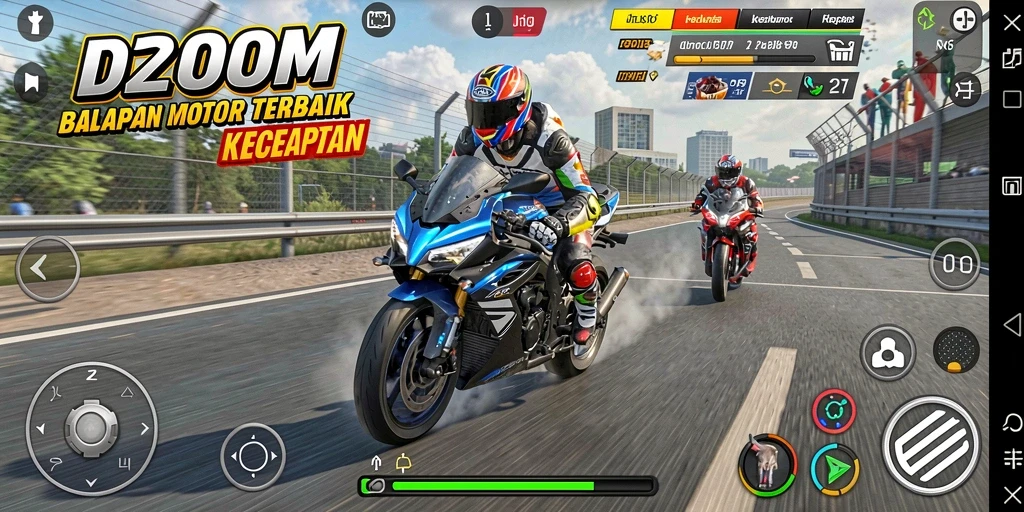 Tampilan seru gameplay D200M yang menampilkan balapan motor.