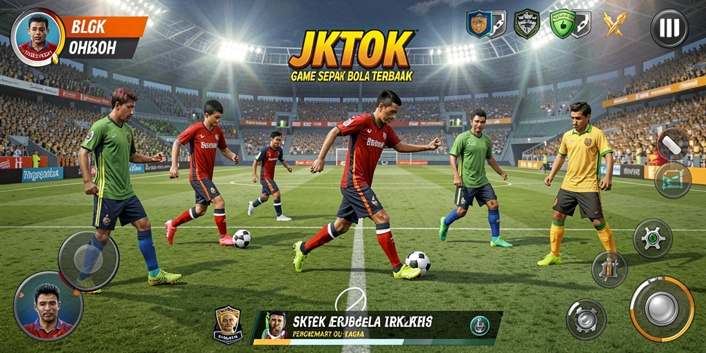 Screenshot utama menunjukkan aksi mendebarkan di lapangan sepak bola.