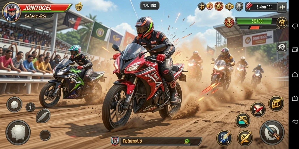 Tampilan menarik gameplay di JONITOGEL dengan balapan motor yang seru.