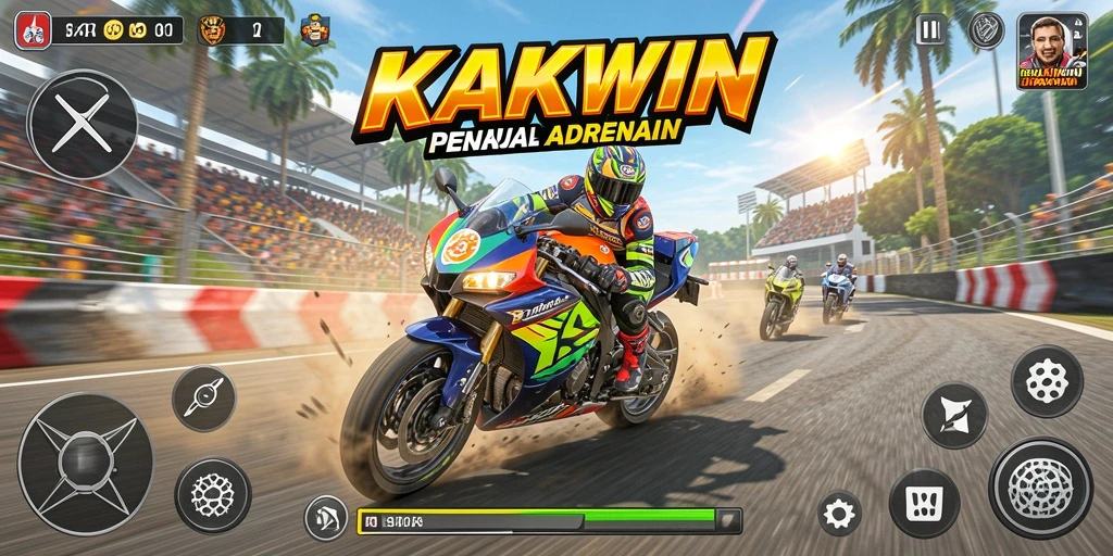 Screenshot gameplay KAKWIN yang mendebarkan dalam balapan motor.