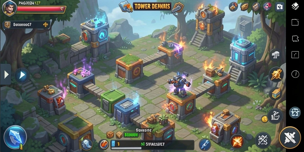 Tampilan gameplay menakjubkan dari PAGODA127 dalam Tower Defense.